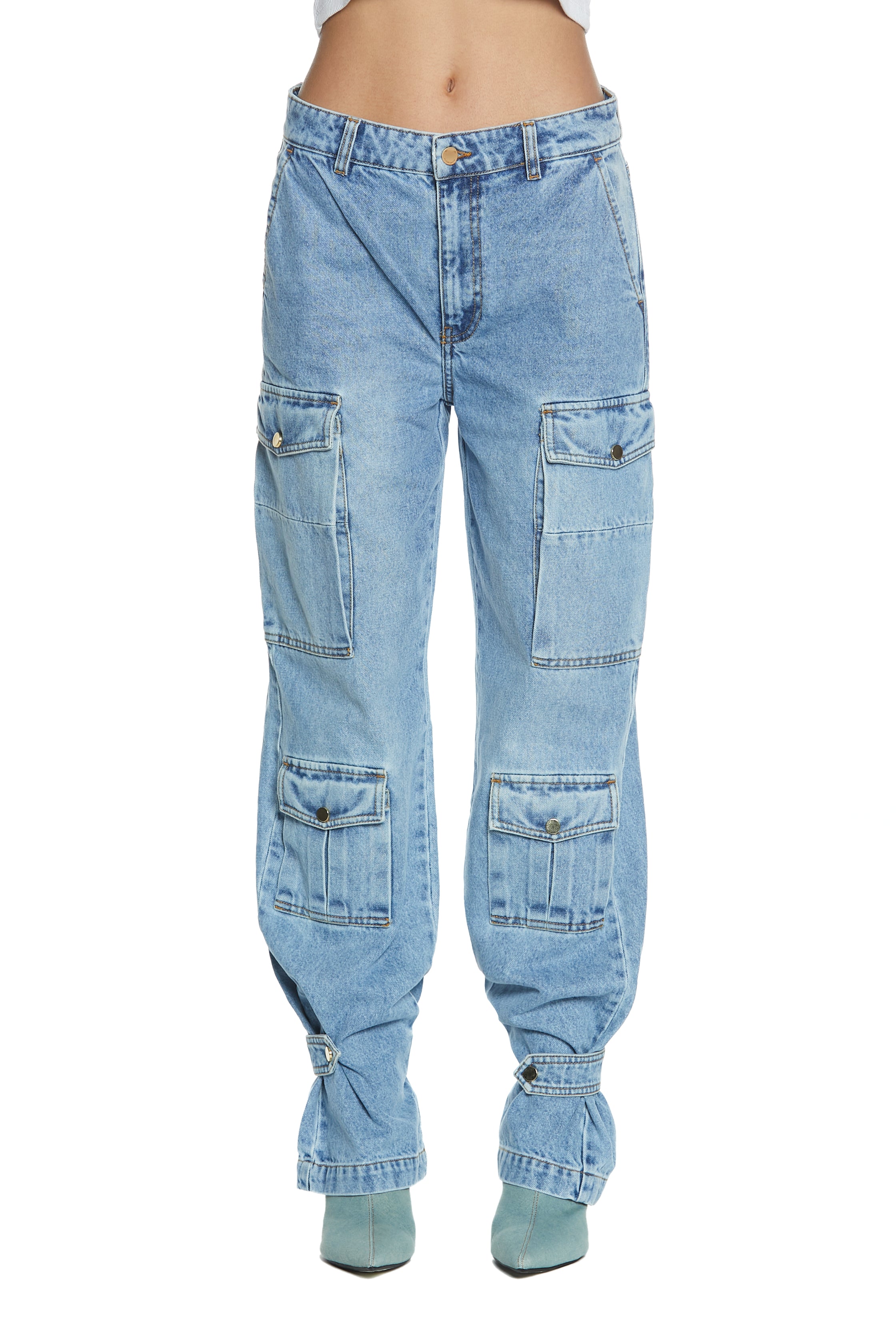 Panta PATTY 2 vita alta con tasconi piu laccio fdo cargo fit denim blu Relish