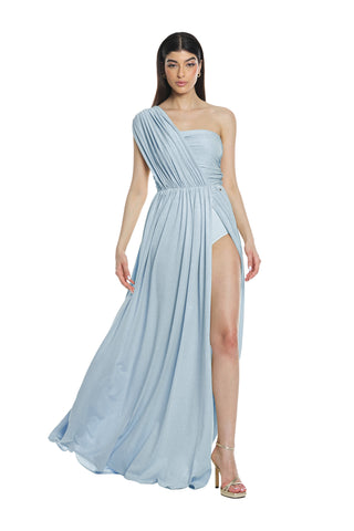 ACUBENS dress_Long one-shoulder crossover dress with lurex pleats