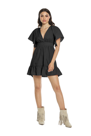 ALMEIDA dress_A short half-sleeved double wide V-neck with lace and flounce