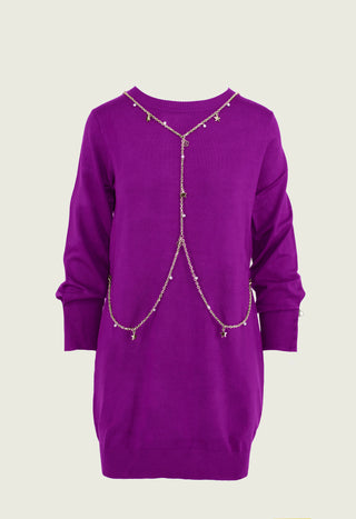 CIRCE short long-sleeved dress with pearl appliqué and chain with pendants