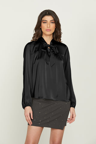 DUBHEBLU long sleeve blouse with satin sash and pleats