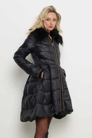 KAZUMI long-sleeved down jacket with full skirt and faux fur collar