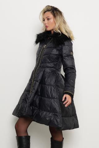 KAZUMI long-sleeved down jacket with full skirt and faux fur collar