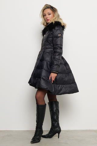 KAZUMI long-sleeved down jacket with full skirt and faux fur collar