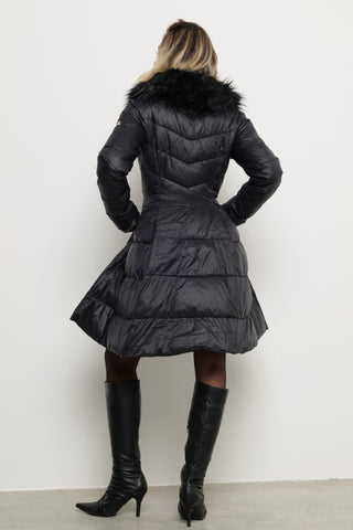 KAZUMI long-sleeved down jacket with full skirt and faux fur collar