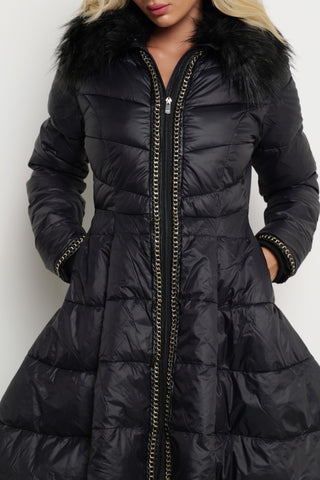 KAZUMI long-sleeved down jacket with full skirt and faux fur collar