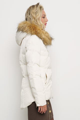 PYLET_ZIP long-sleeved down jacket with pockets and transversal zip and hood with faux fur