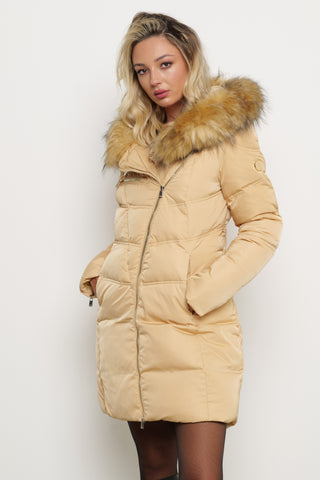 DIESSA_ZIP long-sleeved down jacket with transversal zip and hood with faux fur