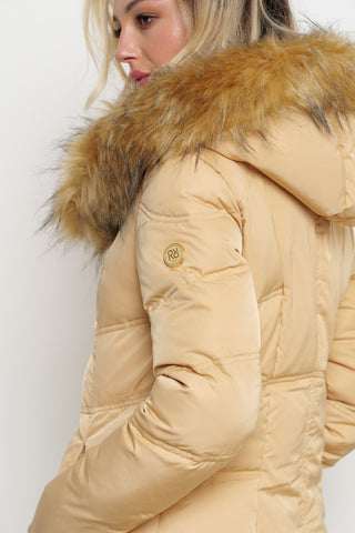 DIESSA_ZIP long-sleeved down jacket with transversal zip and hood with faux fur