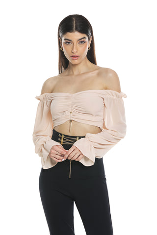 IALINO blouse, long sleeves, short boat neckline, plus frills and hanging chain accessory