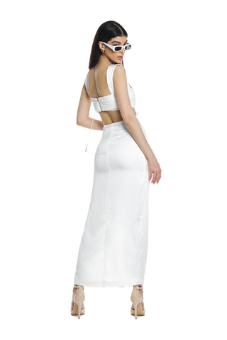 ACRAB dress, long cut out top with pleats, front slit and back opening