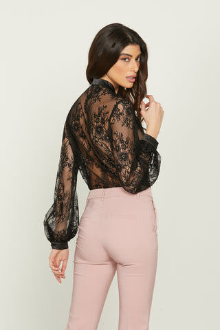 LORENAPI bodysuit with long sleeves, crossover neckline and satin lace sash