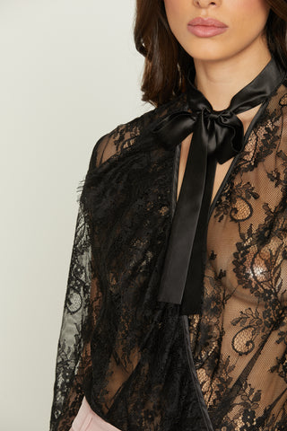 LORENAPI bodysuit with long sleeves, crossover neckline and satin lace sash