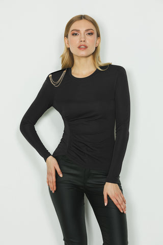 Blusa ELLEN manica lunga con catena spalla più pieghe fianco