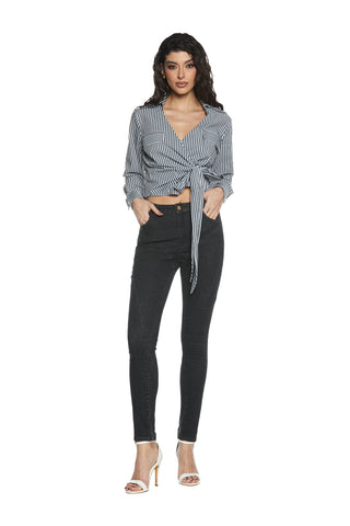 NAOMI_3 high-waisted 4-pocket trousers with push-up effect cuts in black denim