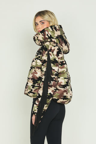 MILILEO long-sleeved down jacket with fringes plus hood plus zip.b.snap f.camouflage plus st.flock