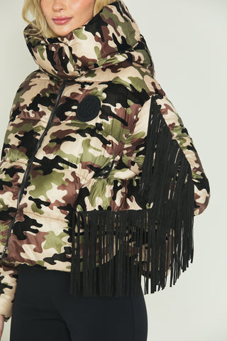 MILILEO long-sleeved down jacket with fringes plus hood plus zip.b.snap f.camouflage plus st.flock