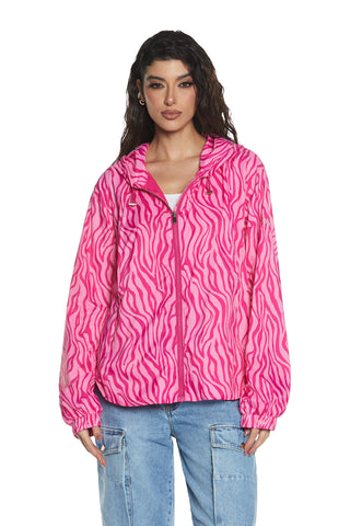 BRAZI long sleeve jacket with elastic plus hood plus drawstring plus asymmetrical pockets, zebra pattern