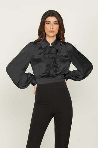 VALIENTE long sleeve blouse with ruffles plus back opening and sash