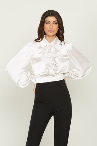 VALIENTE long sleeve blouse with ruffles plus back opening and sash