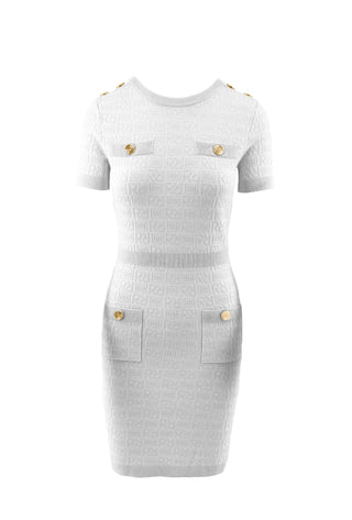 VENEROSO short half-sleeved dress with pockets plus flaps plus all-over lurex logo buttons