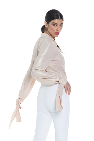 ALNAIR body shirt, long sleeves with bow, v-neck, crossover and button. Glitter coated