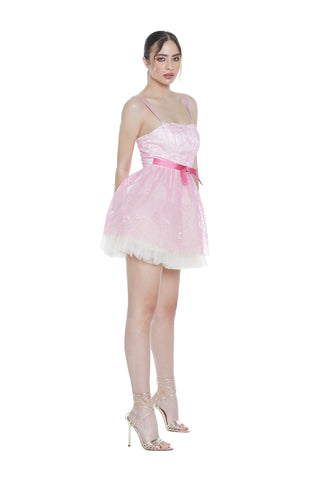 OKAB short tulle dress with flowers and bow belt