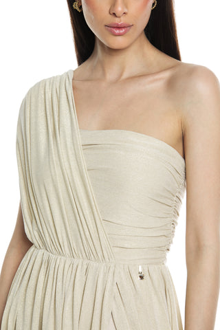 ACUBENS dress_Long one-shoulder crossover dress with lurex pleats