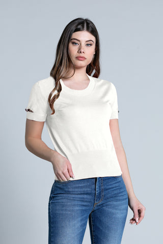 LINE half sleeve sweater with openings plus jewel button