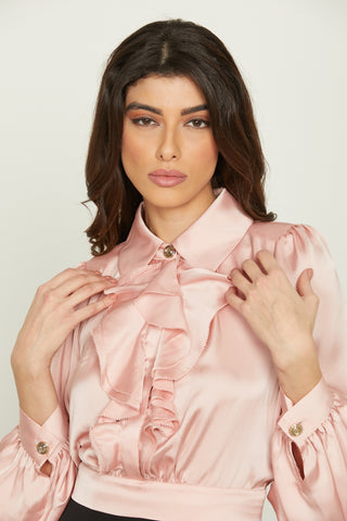 VALIENTE long sleeve blouse with ruffles plus back opening and sash