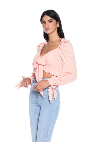 YO Crop-Top with long sleeves, crossover neckline and bows plus ruffles at the bottom 