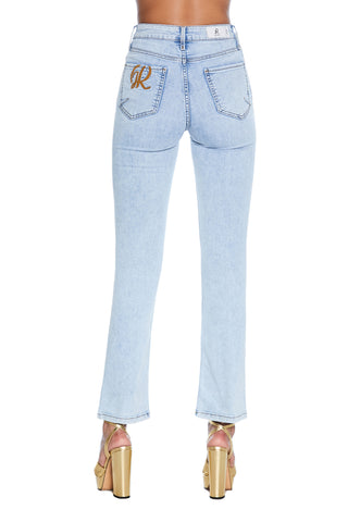 STARF_High-waisted 5-pocket trousers with light denim logo embroidery 