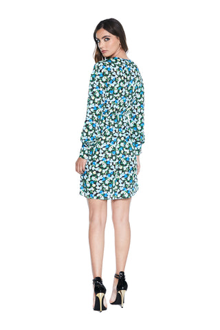 GIASPER short dress, long sleeves, incr. with jewel button, pocket skirt. fantasy flowers 