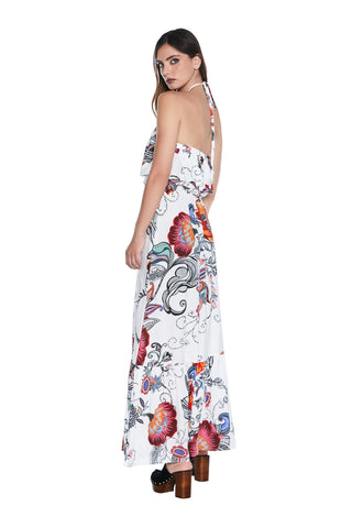 FLOWER long S/M dress with lace-up collar plus frill and flounce at the bottom. scarf 