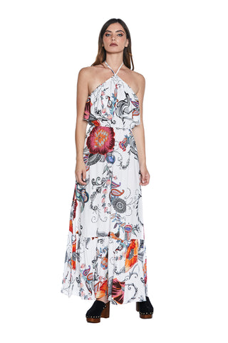 FLOWER long S/M dress with lace-up collar plus frill and flounce at the bottom. scarf 