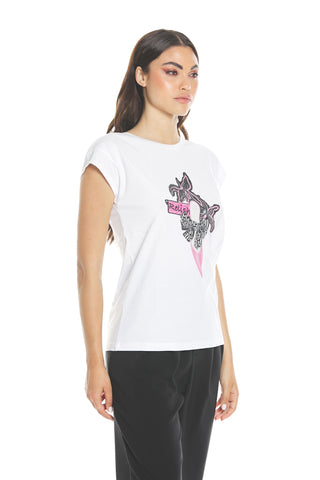 CANCERI half-sleeved t-shirt with rhinestone print and decollete with logo
