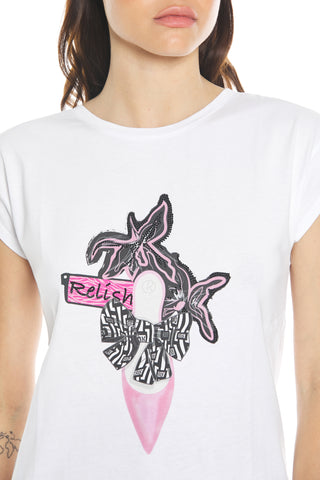 CANCERI half-sleeved t-shirt with rhinestone print and decollete with logo