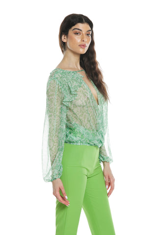 ANTAR long sleeve blouse with elastic crossover neckline and drop back with flower pattern