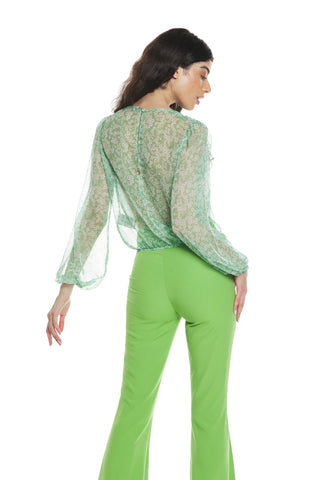 ANTAR long sleeve blouse with elastic crossover neckline and drop back with flower pattern