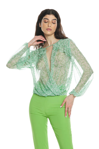 ANTAR long sleeve blouse with elastic crossover neckline and drop back with flower pattern