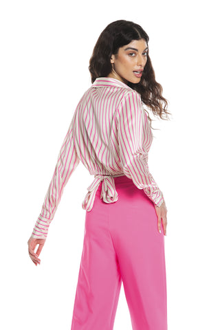 ABLA blouse with long sleeves, wide crossover neckline, plus elastic and striped sash