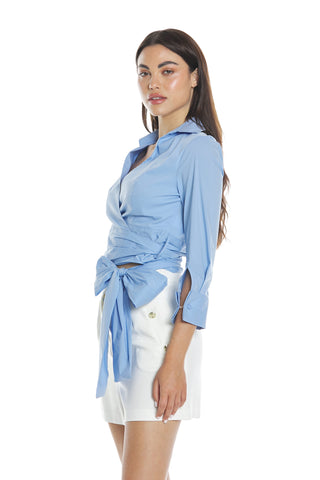 FIDES 3/4 length blouse with double cuffs and crossed twin buttons with sash