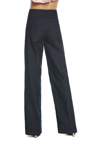 LAGERTHA high waist trousers with high bustier plus pockets plus buttons wide leg blue denim