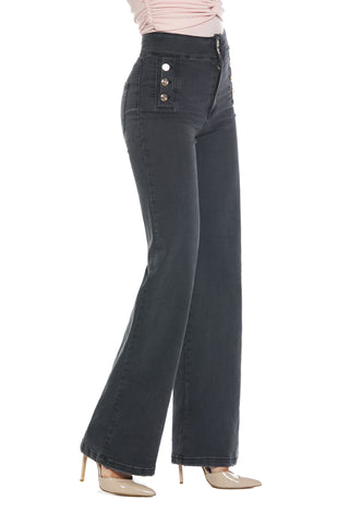 ZAMPISA trousers_High-waisted palazzo trousers with welt pockets and black denim buttons 