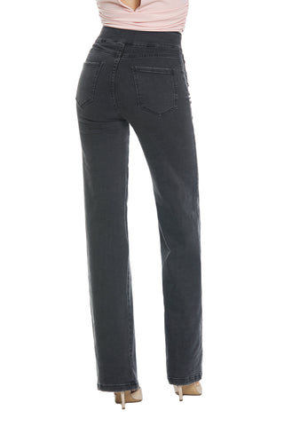 ZAMPISA trousers_High-waisted palazzo trousers with welt pockets and black denim buttons 