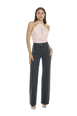 ZAMPISA trousers_High-waisted palazzo trousers with welt pockets and black denim buttons 