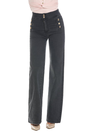 ZAMPISA trousers_High-waisted palazzo trousers with welt pockets and black denim buttons 