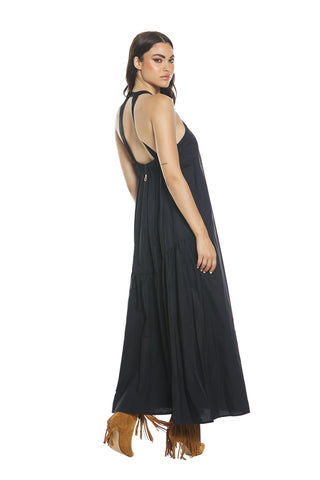 Long ADARA dress in cotton with American neckline and elasticated back opening