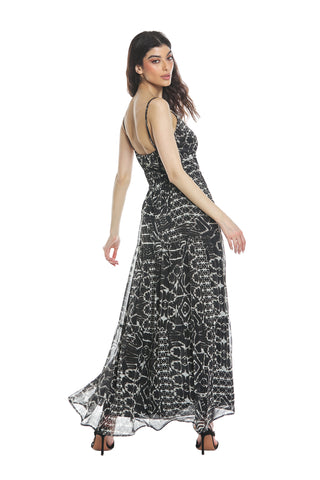Long BETHANY dress with shoulder straps and ethnic patterned beaded drawstring insert